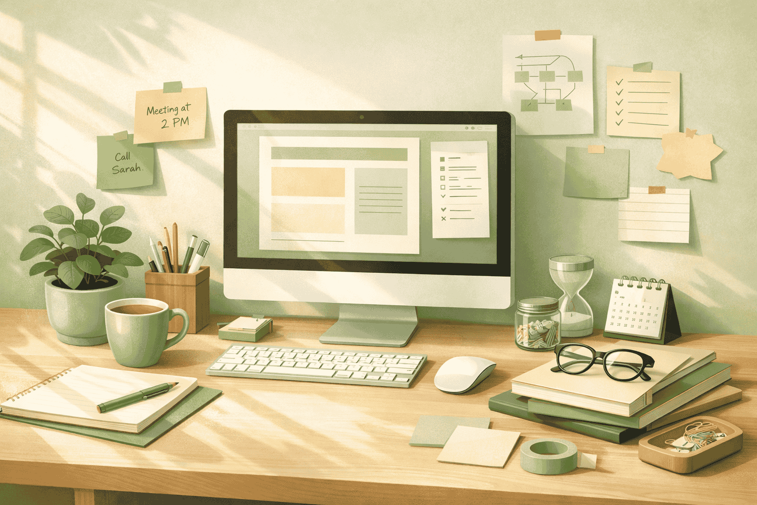 Modern editorial illustration of a bright workspace with paper notes, a computer, and neatly arranged everyday task materials, airy composition, soft green and cream palette, sunlight across the desk, sense of calm curiosity and possibility, polished magazine style